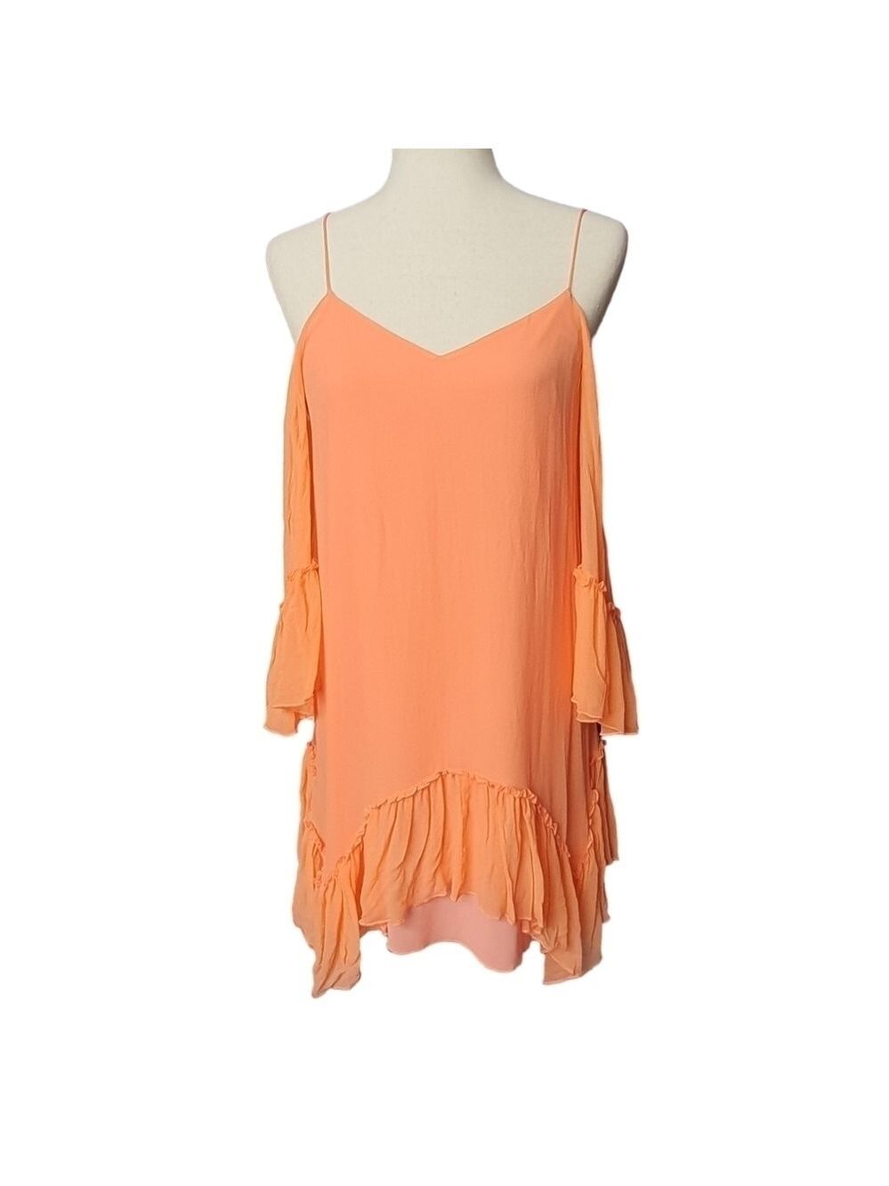 Alice + Olivia Silk Dress Mini Cold Shoulder Ruffle Dress (S) Coral Oversized